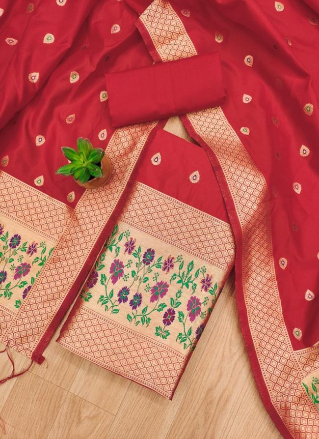 Banarasi Silk Red Festival Wear Zari Work Dress Material